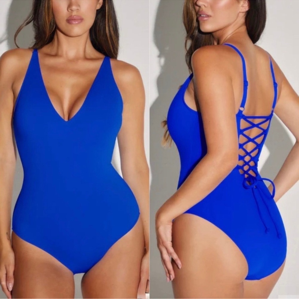 NWT TA3 Plungey Sapphire‎ Blue Sculpting Lace Up One Piece Swimsuit XXS Short